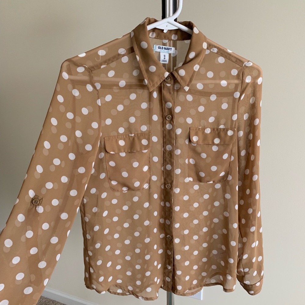 Tan polka dot sheer blouse
